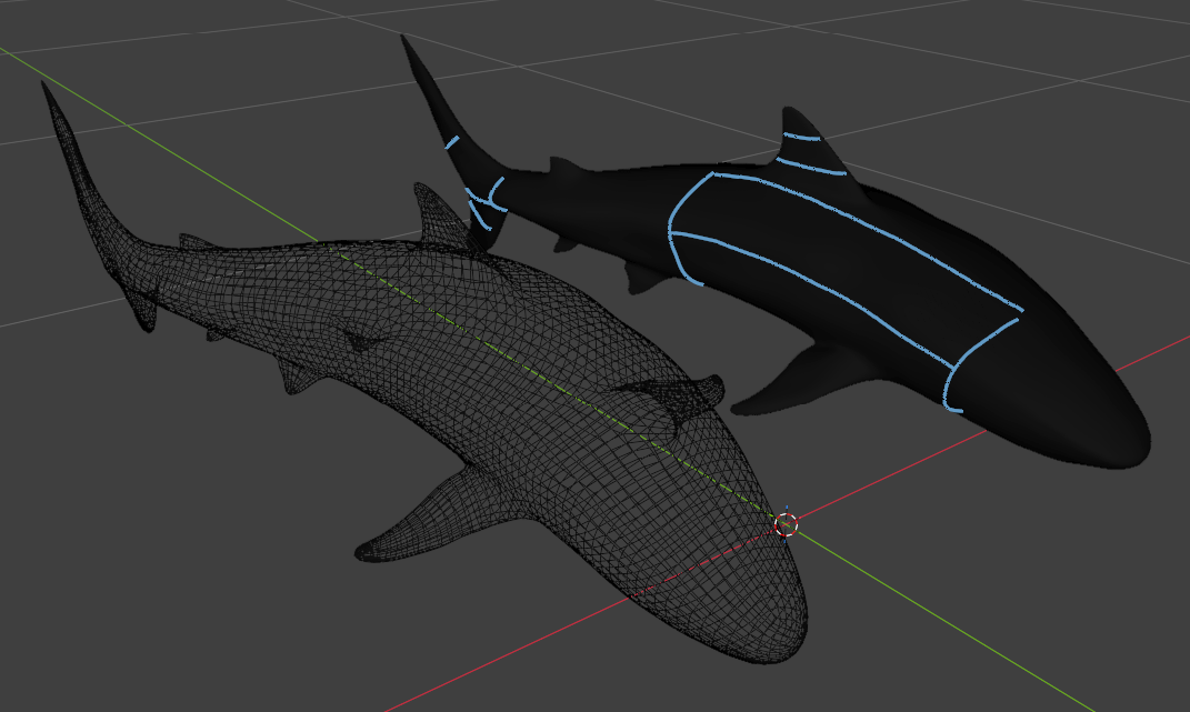 Shark model with blue guide strokes, and the remeshed wireframe result beside it